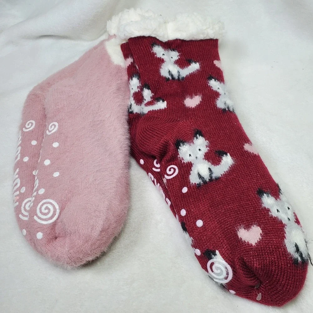 Muk Luks Women Cabincore Faux‎ Sherpa Non-Skid Socks 2 Pair Animal Fox & Solid